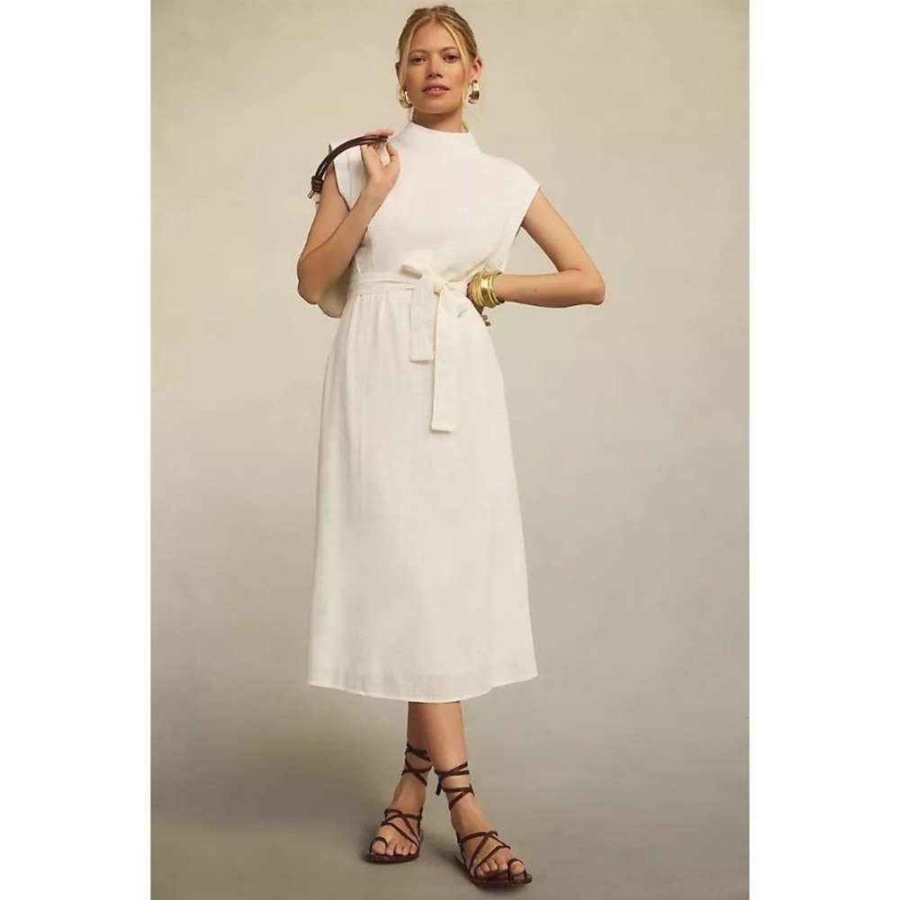 Porridge Anthropologie Linen Modern Belted Column Midi Dress High Neck Cutout XS